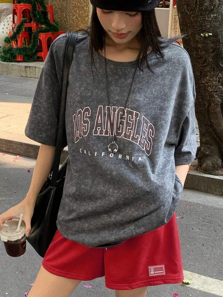 Women's Casual Letter Print Dropped Shoulder Loose T-Shirt, Summer