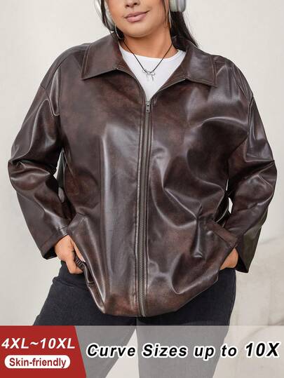 SHEIN CURVE+ Plus Size Distressed PU Leather Loose Jacket With Pockets Winter Fall Autumn