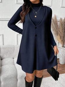 SHEIN Frenchy Bộ đồ 2 mảnh thanh lịch dành cho nữ cỡ lớn với họa tiết đón năm mới, phù hợp cho mùa thu/đông, năm mới, tiệc âm nhạc, màu xanh navy. - Màu xanh hải quân - Xem 4