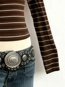 Glimmora Áo thun nữ cổ tròn tay dài, in kỹ thuật số sọc nhiều màu, phong cách tối giản và thời trang, quà tặng cho bạn bè - Rỉ Nâu - Xem 4