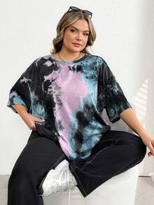 SHEIN CURVE+ Áo thun vai trễ vai vá chữ nhuộm loang màu, Mùa hè/2026/Năm mới - Nhiều màu - Xem 7