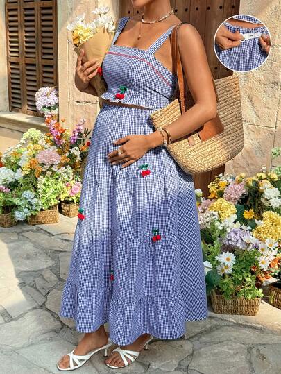 SHEIN Pregnant Women's Casual Plaid Cherry Decor Ruffle Hem Camisole And Skirt 2 Pieces Set, Summer