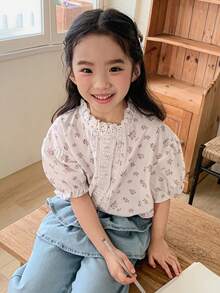 Dazy Kids 少女碎花泡泡袖撞色蕾丝休闲衬衫 - 白色 - 查看 7