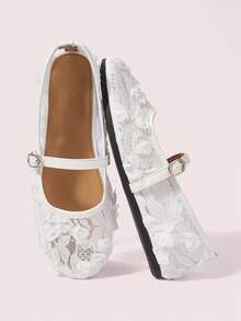 CUCCOO DOLLMOD 白色蕾丝花卉透气玛丽珍平底鞋，舒适通勤女鞋，温柔仙气百搭鞋 - 白色 - 查看 2