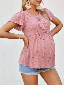 SHEIN Maternity Solid Color Front Tie Butterfly Sleeve Mesh Embroidered Short Sleeve T-Shirt - Dusty Pink - View 3