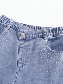 Modne jeansy dziewczęce z kryształkami, uniwersalne, luźne, proste spodnie jeansowe, wygodna tkanina bawełniana, odpowiednie na wiosnę, lato, jesień i zimę - Średni jeans - Zobacz 5