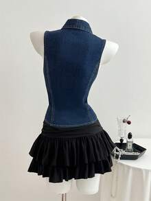 Elamini Women's Casual Sleeveless Denim Jacket, Summer - Dark Wash - View 2