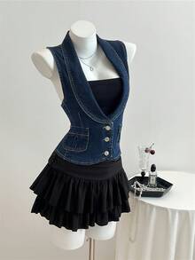 Elamini Women's Casual Sleeveless Denim Jacket, Summer - Dark Wash - View 5