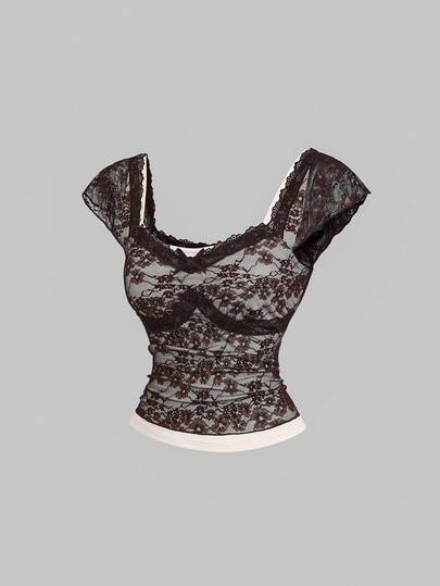 Sweetra 女士蕾丝撞色杏色针织领，棕色双面蝴蝶结装饰，收腰复古甜美可爱浪漫度假风心形领荷叶袖二合一T恤