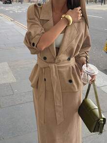 Livesso Women's Solid Color Notched Collar Double-Breasted Tie Waist Long Sleeve Jacket And Skirt 2-Piece Set, French Chic Street Style - Khaki - View 1