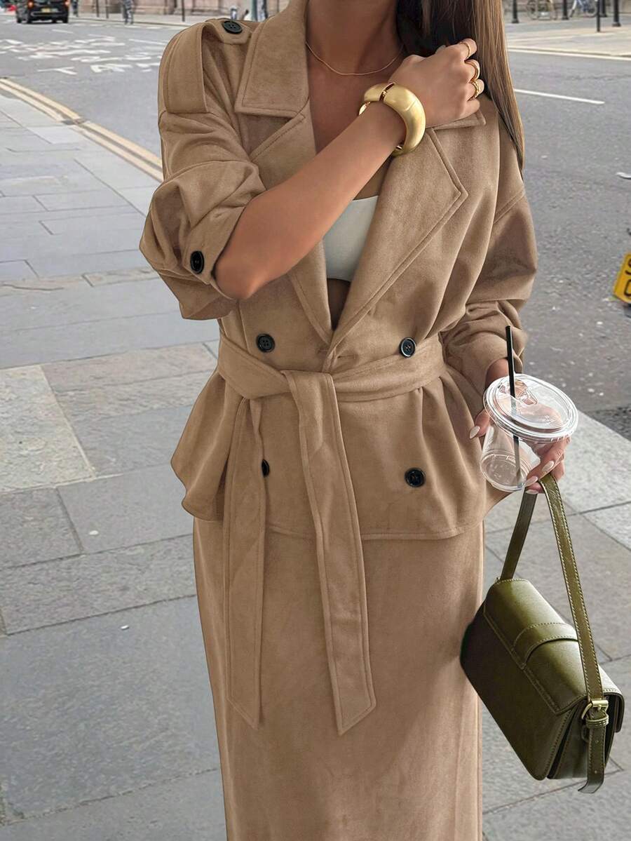 Livesso Women's Solid Color Notched Collar Double-Breasted Tie Waist Long Sleeve Jacket And Skirt 2-Piece Set, French Chic Street Style - Khaki - View 1