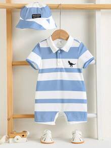 SHEIN 2件套新生儿男女宝宝舒适休闲学院风马匹印花蓝白条纹短袖连体衣和遮阳帽套装，适合室内、室外、日常、运动、玩耍、聚会、拍照、度假、春夏穿着。 - 藍白色 - 查看 6