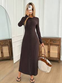 Easowa Autumn/Winter Casual Bodycon Dress, Button-Up Long Sleeve Black Dress For Women - Purple - View 2