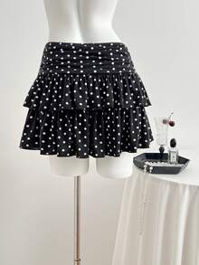 Elamini 女士迷你裙，褶皱裙摆，波点针织面料 - 黑色 - 查看 2