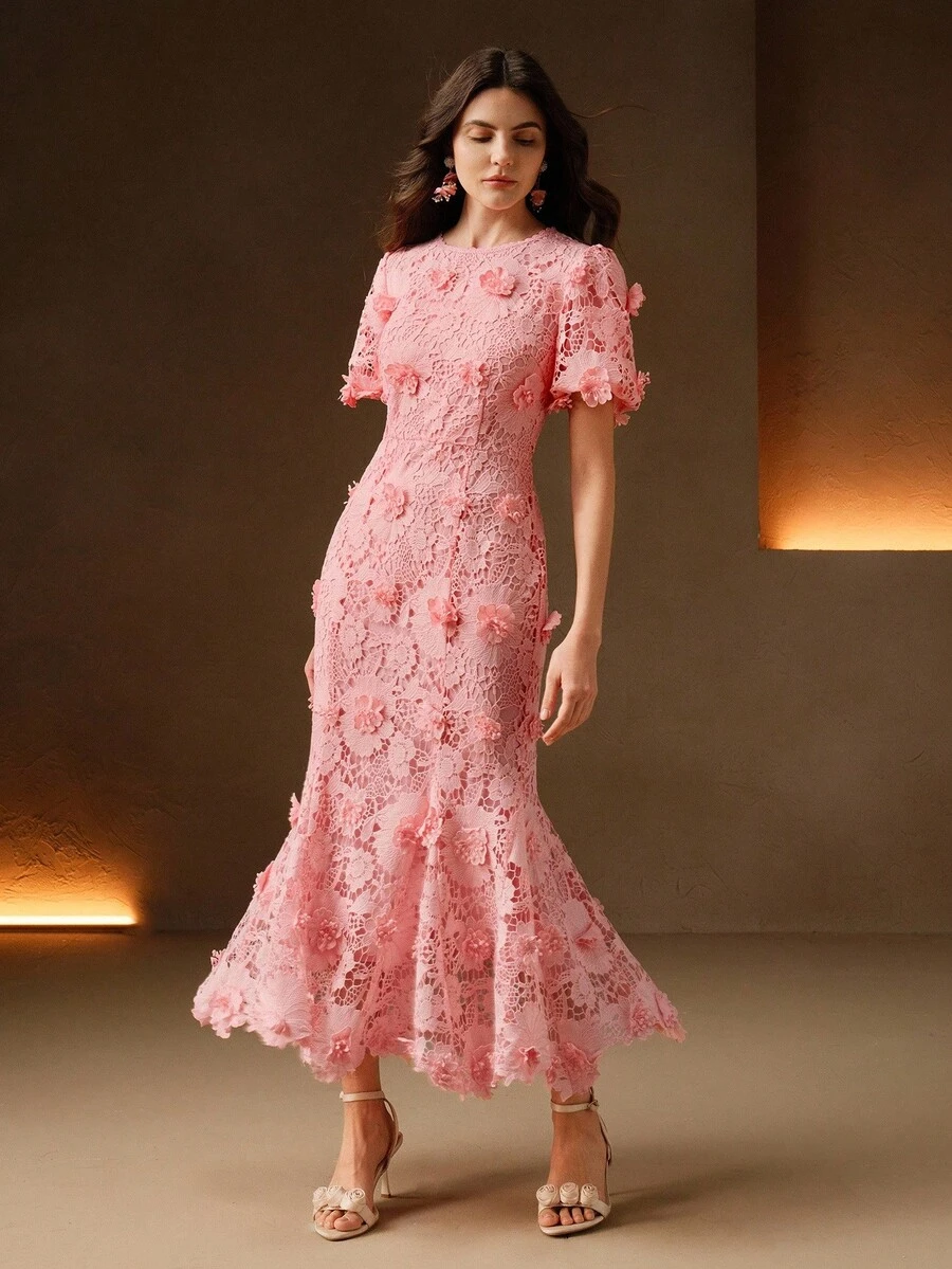 Anewsta Đầm dài thanh lịch dành cho nữ, màu hồng nhạt, chất liệu ren tan trong nước, cổ tròn, tay cánh hoa, viền bèo nhún, ôm sát cơ thể. - Hồng - Xem 1