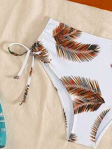 Swim Lushoire 夏季沙滩热带印花抽绳侧边比基尼套装高腰比基尼套装 - 橘色 - 查看 6