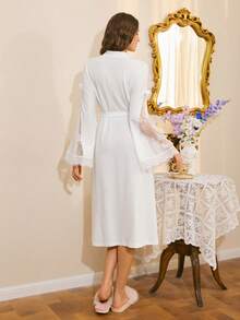 优雅浪漫针织罗纹蕾丝拼接长款女式睡袍 - 白色 - 查看 2