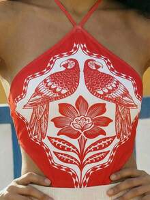 CAJUNI Tropical Parrot Print Halter Backless Bodysuit - Red - View 3