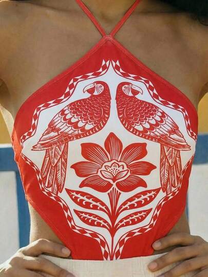 CAJUNI Tropical Parrot Print Halter Backless Bodysuit