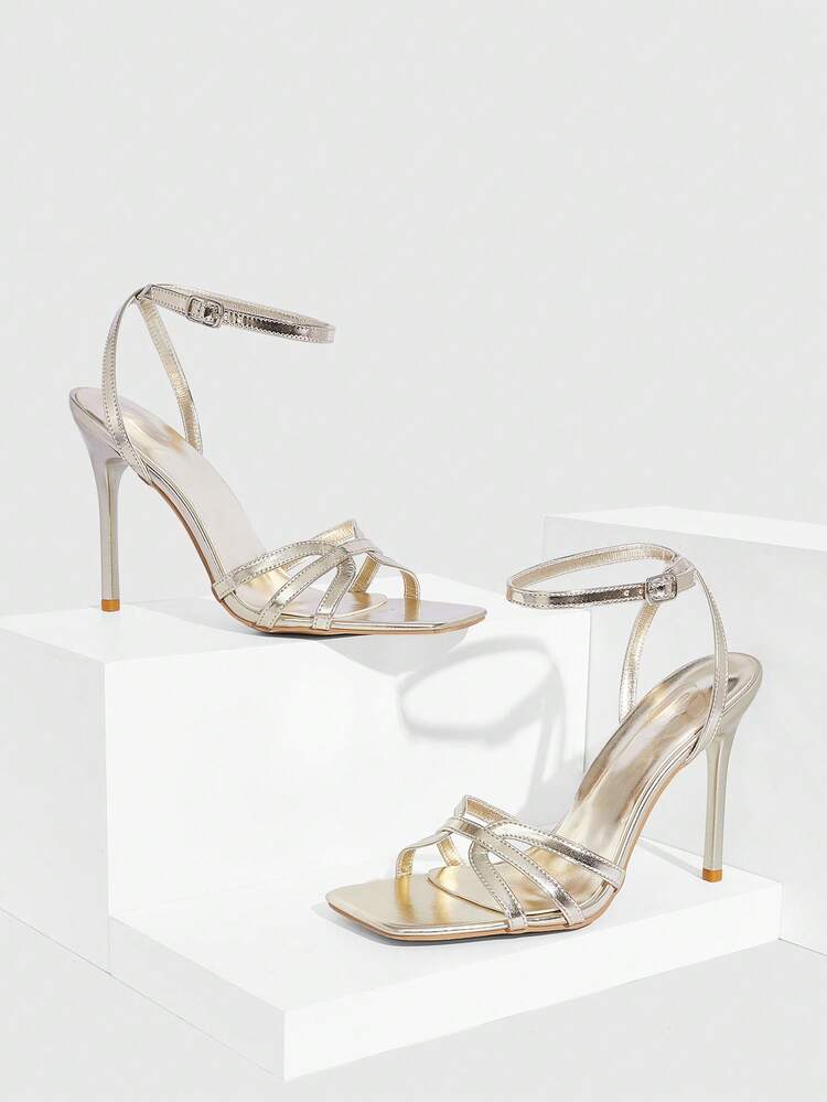 CUCCOO SZL Women Shoes Spring And Summer New Gold Mirror Slip Strap Ankle Strap Women's High Heel Sandals Fashion Comfortable Versatile Sexy Party Banquet Women's Sandals