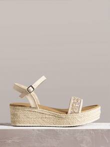 Styleloop Women's Fashion Round Toe Straw Braided Platform Shallow Apricot Mesh Embroidered Ankle Strap Open Toe Sandals, Casual, Vacation, Commute, Music Festival - Apricot - View 1