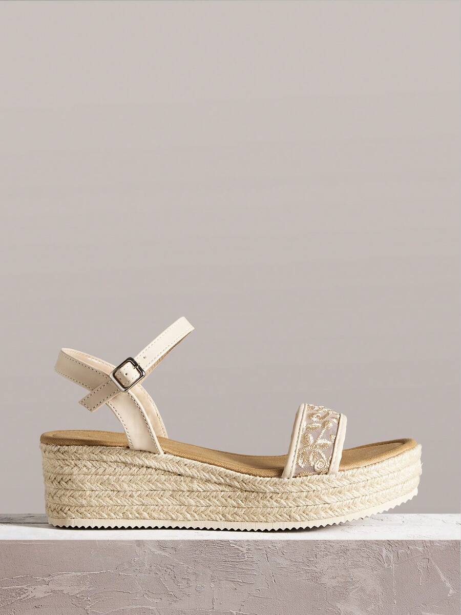 Styleloop Women's Fashion Round Toe Straw Braided Platform Shallow Apricot Mesh Embroidered Ankle Strap Open Toe Sandals, Casual, Vacation, Commute, Music Festival - Apricot - View 1