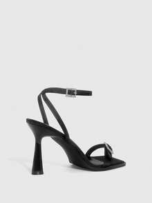 CUCCOO SZL 女士方头细高跟黑色露趾踝带凉鞋，时尚性感百搭女士高跟鞋 - 黑色 - 查看 3