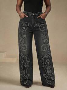 Slaydiva 夏季大码女装派对休闲夏季度假装扮，时尚休闲水钻水洗斜插口袋黑色牛仔裤 - 黑色 - 查看 4