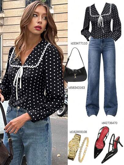 Easura Plus Size Women's Spring/Summer French Elegant Minimalist Design Lace Patchwork V-Neck Long Sleeve Bow Tie Decor Casual Polka Dot Blouse