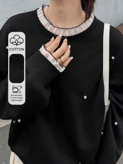 FRIFUL Women's Thickened Fleece Sweatshirt With Pearl Decor, Contrast Color Mesh Splice Cuffs And Hem, Loose Fit