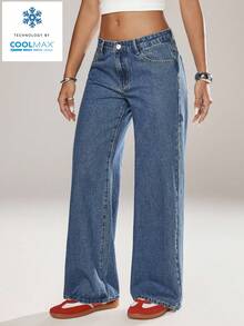 SHEIN ICON Women's Pocket Button Casual Versatile Commuting Wide-Leg Jeans - Blue - View 6