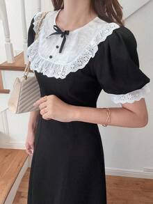 FRIFUL 女士优雅撞色荷叶边泡泡袖收腰连衣裙，夏季婚礼宾客礼服 - 黑色 - 查看 5