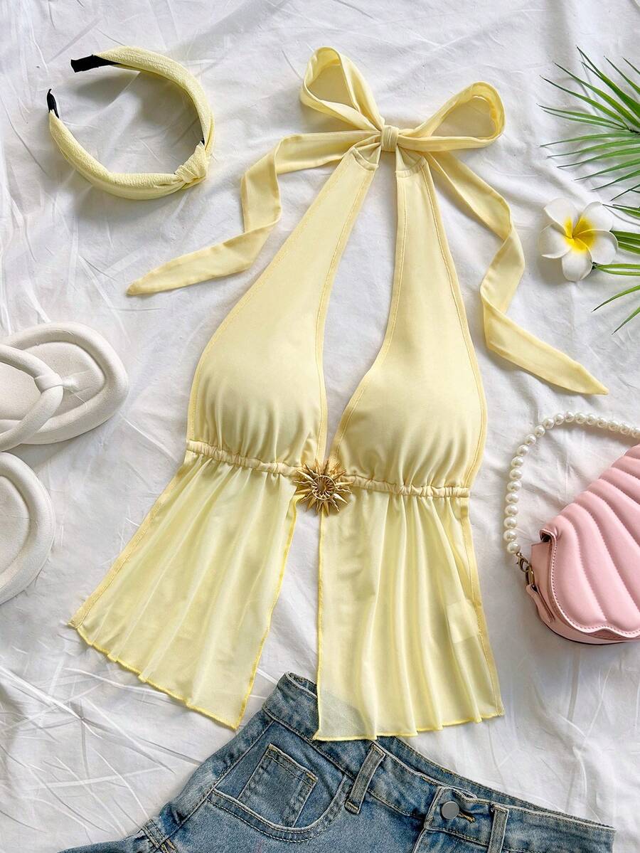 Soleia 女士性感露背系带金属装饰沙滩度假吊带背心，夏季 - 淡黃色 - 查看 1