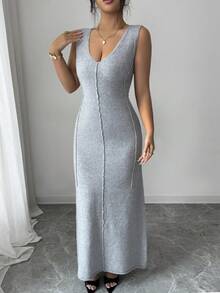SHEIN Raffinéa Women's Grey V-Neck Sleeveless Fashionable Minimalist Versatile Knit Dress, Spring/Summer - Grey - View 6