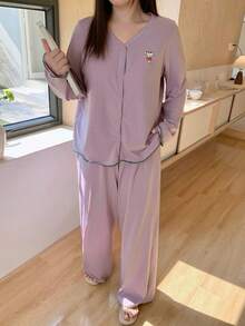 Dazy Plus 2pcs/Set Solid Color Cartoon Print Loose Long Sleeve Top And Long Pants Pajama Set, Purple Plus Size Women Spring/Autumn - Purple - View 2