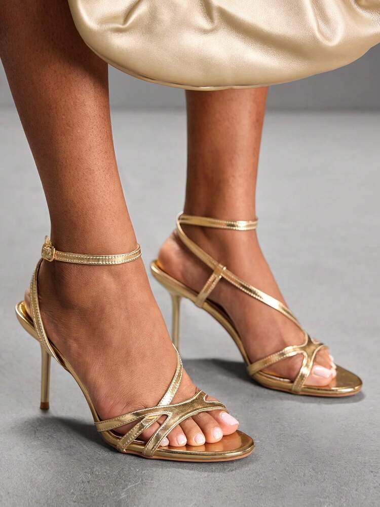 CUCCOO SZL Women Shoes Spring Summer T-Strap Crossed Strap Metal Patent Leather Glossy Open-Toed High Heel, Celebrity Style, Light Gold Women's High Heel Sandals Banquet Party Annual Meeting Dating Commuting Shopping Holiday Gifts