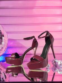 CUCCOO LuxiPop Women's Platform Buckle Design Fashionable And Elegant Party Occasion High-Heeled Sandals, Nightclub Party Style, Suitable For Spring And Summer, Vacation Season, Nightclub Party Style, Suitable For Spring And Summer, Vacation Wear, Travel Essential, 2000's Style - Burgundy - View 2