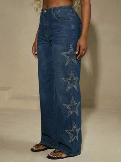 Slaydiva 夏季大码女式高腰口袋水钻星星直筒宽松牛仔裤派对休闲夏季度假装扮女式牛仔裤