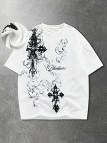 ROMWE MEN Men's Casual Letter & Cross Print Round Neck Short Sleeve T-Shirt, Summer - White - View 1