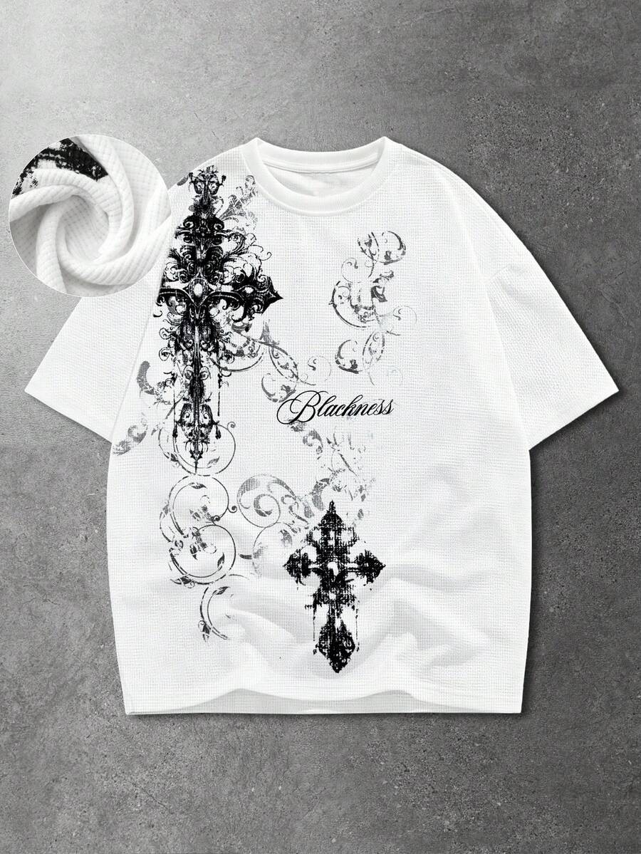 ROMWE MEN Men's Casual Letter & Cross Print Round Neck Short Sleeve T-Shirt, Summer - White - View 1