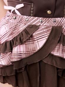 ROMWE Kawaii Cute Sweet Pink Plaid Patchwork Lace Trim Cake Skirt For Women - Multicolor - View 6
