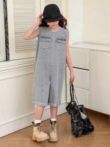 DAZY Tween Girls' Round Neck Pocket Casual Everyday Vacation Denim Bib Overall Wide Leg Jumpsuit - Blue - View 4