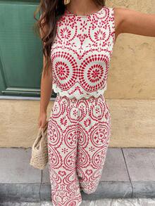 Serisse 女士度假植物刺绣圆领背心和裤子休闲两件套 - 紅白色 - 查看 5