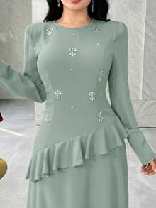 Feyla Vestido elegante de mujer con volantes y adornos de strass, otoño - Verde - Ver 6