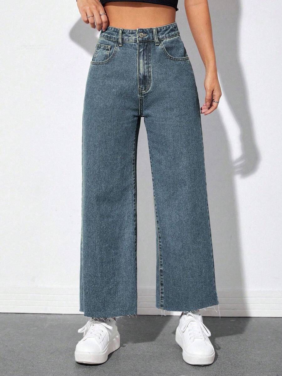 EMERY ROSE Quần jeans nữ ống đứng dáng casual thường ngày, rách gấu, túi xéo. - Màu xanh lam - Xem 1