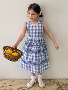 DAZY Young Girl Plaid Round Neck Layered Frill Trim Casual Sleeveless Dress - Blue - View 6
