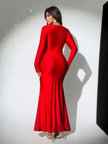 Viva Relle Valentine's Day Elegant V-Neck Sequin Fabric Flattering Fit Ruffle Hem High Slit Sexy Party Dress, Unique Design, Red Slim Fit Sophisticated Style, Plus Size Long Maxi Dress - Red - View 3