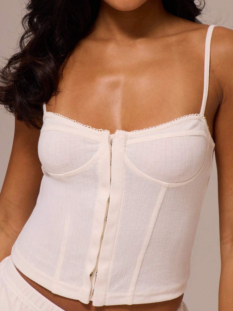 Pointelle Picot Trim Structured Hook Eye Fastening Corset Top Spring Cosy Cute Daily Girly Lounge Essential Spring Holiday Summer