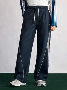 Open Phase Men 1pc Comfortable Elastic Waist Drawstring Casual Straight Loose Wide Leg Pants, Sporty Contrast Color, Fall Spring To Summer Relaxed Fit For Men ,Summer Holiday Outfits , Retro American, Unisex, Relaxed Fit Summer Outfits – Suitable For Everyday Wear And Summer Holiday Outfits. - Navy Blue - View 3