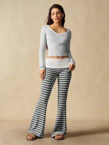 VARSIVA Women's Casual Striped Flared Pants With Waist Fold Over Leggings Boot Cut Yoga Pants Cotton Yoga Pants Wide Leg Yoga Pants - Grey - View 4